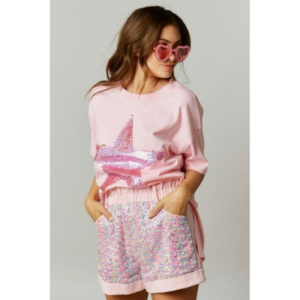 Fantastic Fawn Harper Sequin Star Patch Tee in Pink IFKT51640-04 - Picture 5 of 7